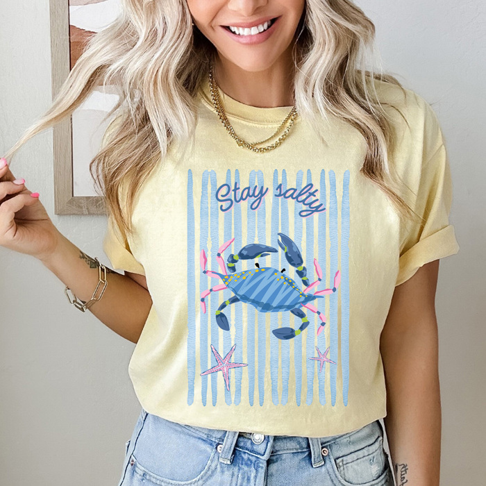 Stay Salty Beach Crab Graphic Tee, Summer Beach Trip Shirt, Trendy Striped Beachy Comfort Colors Tee 