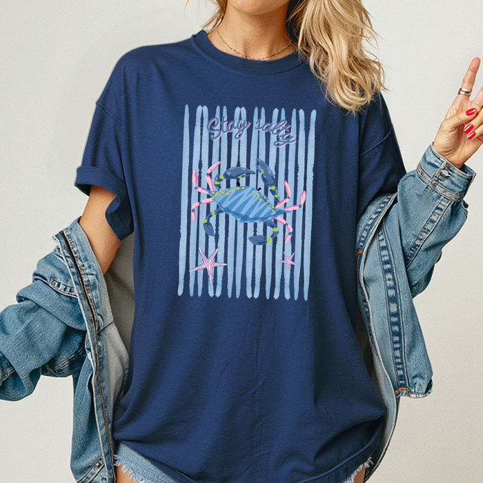 Stay Salty Beach Crab Graphic Tee, Summer Beach Trip Shirt, Trendy Striped Beachy Comfort Colors Tee 