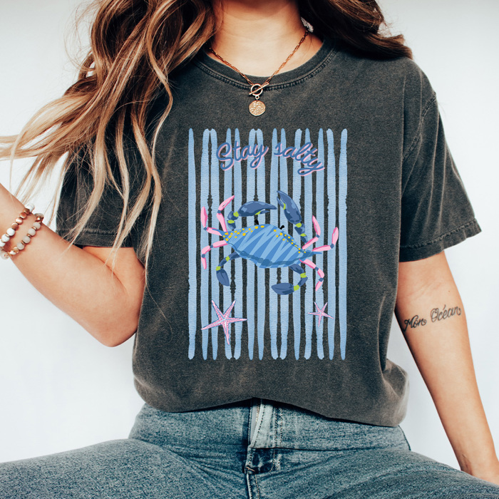 Stay Salty Beach Crab Graphic Tee, Summer Beach Trip Shirt, Trendy Striped Beachy Comfort Colors Tee 