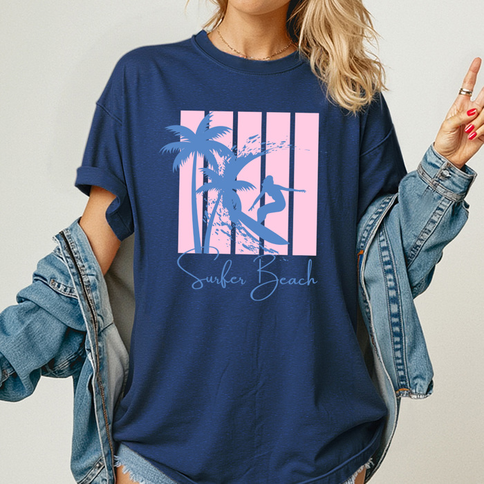 Surfer Beach Summer Graphic Tee, Palm Tree Beach Waves Shirt, Pink Stripes Beach Comfort Colors Tee