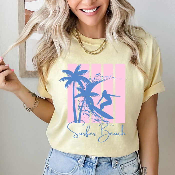 Surfer Beach Summer Graphic Tee, Palm Tree Beach Waves Shirt, Pink Stripes Beach Comfort Colors Tee
