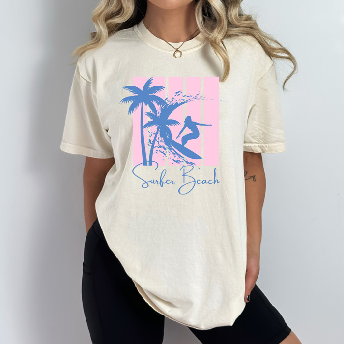 Surfer Beach Summer Graphic Tee, Palm Tree Beach Waves Shirt, Pink Stripes Beach Comfort Colors Tee