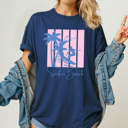 Large Navy Surfer Beach Summer Graphic Tee, Palm Tree Beach Waves Shirt, Pink Stripes Beach Comfort Colors Tee