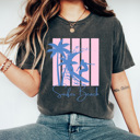 XXL Pepper Surfer Beach Summer Graphic Tee, Palm Tree Beach Waves Shirt, Pink Stripes Beach Comfort Colors Tee