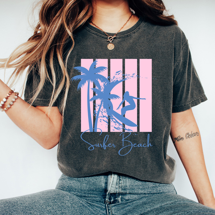 Surfer Beach Summer Graphic Tee, Palm Tree Beach Waves Shirt, Pink Stripes Beach Comfort Colors Tee