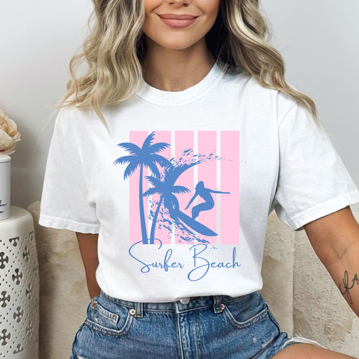 Surfer Beach Summer Graphic Tee, Palm Tree Beach Waves Shirt, Pink Stripes Beach Comfort Colors Tee