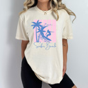  Surfer Beach Summer Graphic Tee, Palm Tree Beach Waves Shirt, Pink Stripes Beach Comfort Colors Tee
