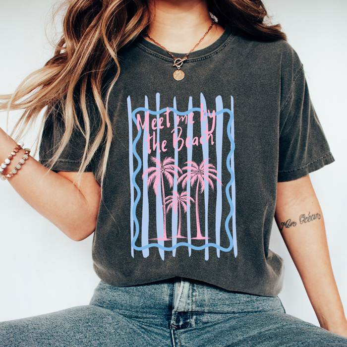 Meet Me By The Beach Graphic Tee, Palm Trees Summer Graphic Tee, Trendy Stripes Comfort Colors Tee