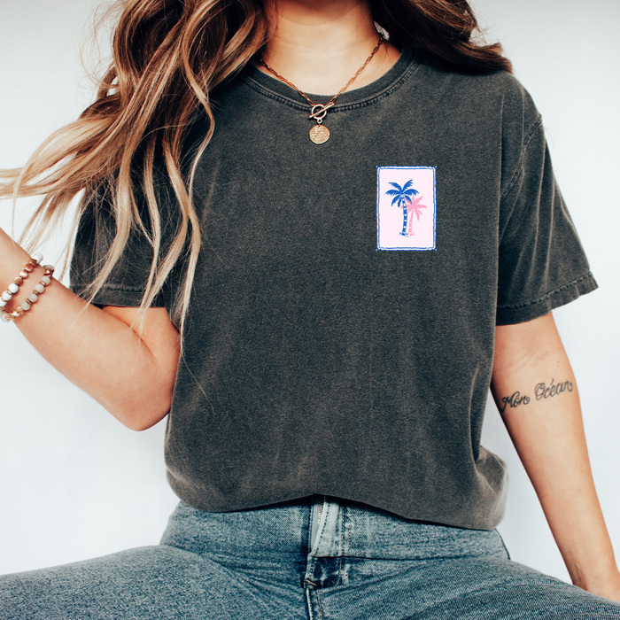 Palm Tree Pocket Print Graphic Tee, Summer Beach Shirt, Summer Trip Comfort Colors Tee