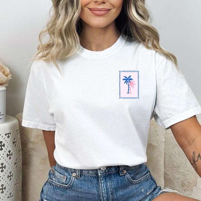 Palm Tree Pocket Print Graphic Tee, Summer Beach Shirt, Summer Trip Comfort Colors Tee
