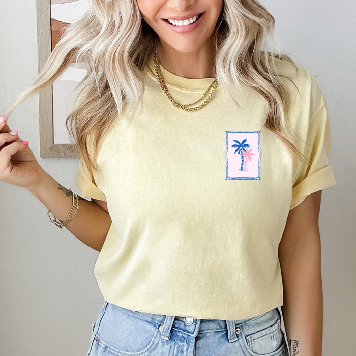Palm Tree Pocket Print Graphic Tee, Summer Beach Shirt, Summer Trip Comfort Colors Tee