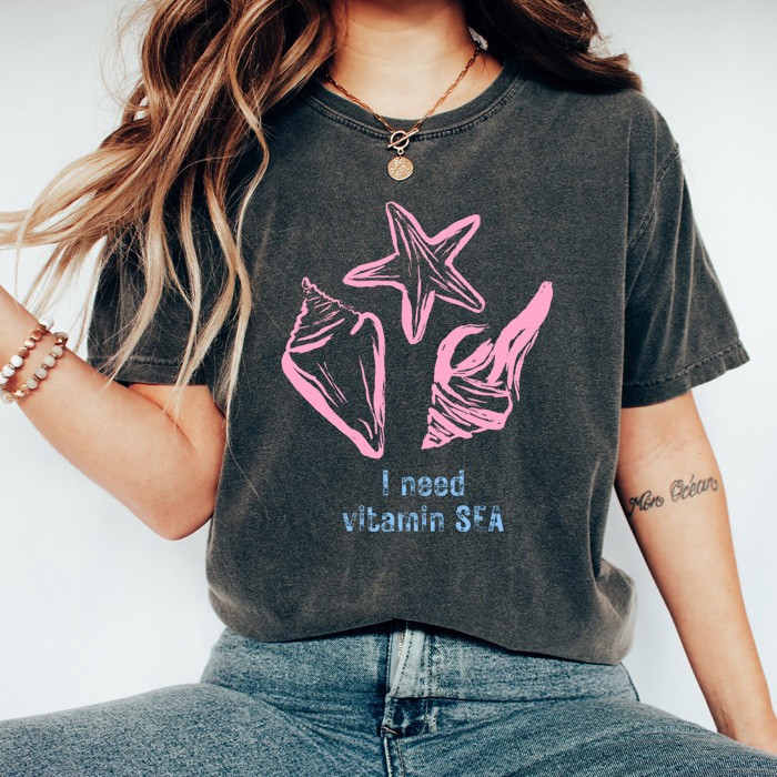 I Need Vitamin Sea Graphic Tee, Beach Seashell Shirt, Summer Beach Trip Comfort Colors Tee