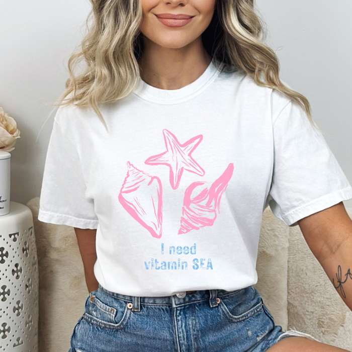 I Need Vitamin Sea Graphic Tee, Beach Seashell Shirt, Summer Beach Trip Comfort Colors Tee