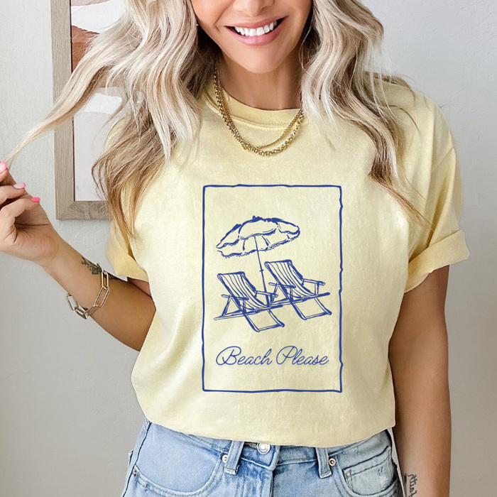 Beach Please Graphic Tee, Summer Beach Chairs Shirt, Beach Vacation Comfort Colors Tee