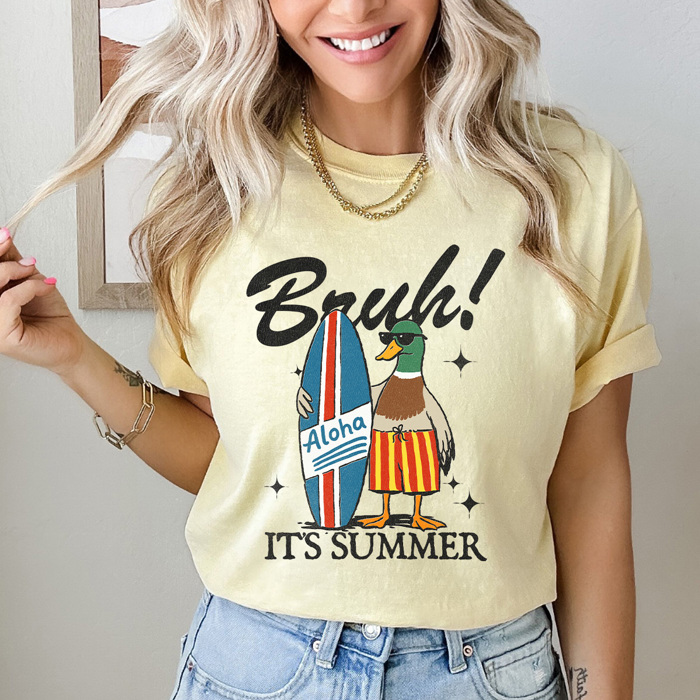 Bruh It's Summer Duck Graphic Tee, Surfing Duck Shirt, Aloha Surfing Duck Comfort Colors Tee