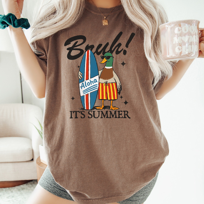 Bruh It's Summer Duck Graphic Tee, Surfing Duck Shirt, Aloha Surfing Duck Comfort Colors Tee