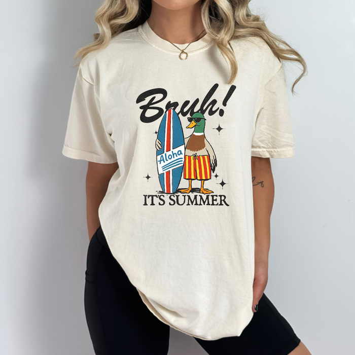 Bruh It's Summer Duck Graphic Tee, Surfing Duck Shirt, Aloha Surfing Duck Comfort Colors Tee