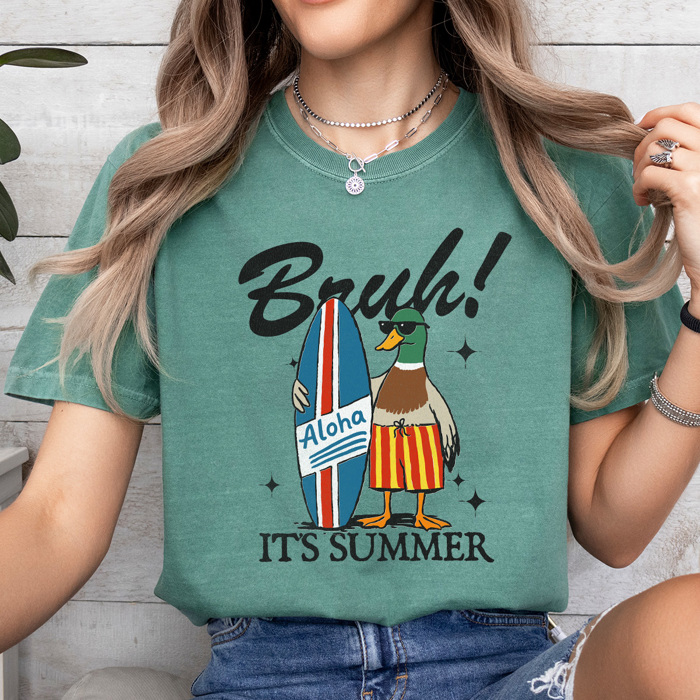 Bruh It's Summer Duck Graphic Tee, Surfing Duck Shirt, Aloha Surfing Duck Comfort Colors Tee