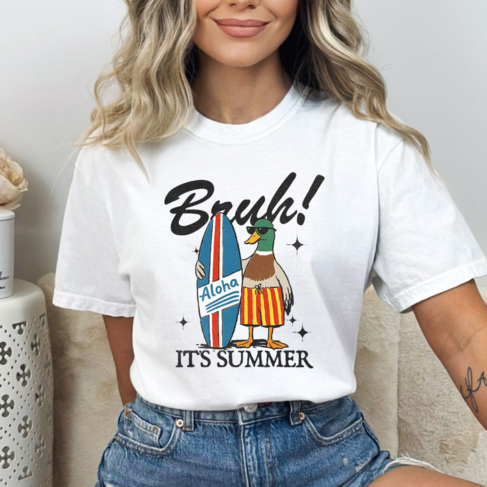 Bruh It's Summer Duck Graphic Tee, Surfing Duck Shirt, Aloha Surfing Duck Comfort Colors Tee