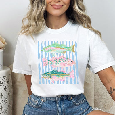 Cute Fish Trendy Stripes Graphic Colors Tee, Summer Fish Shirt, 3 Fish Comfort Colors Tee