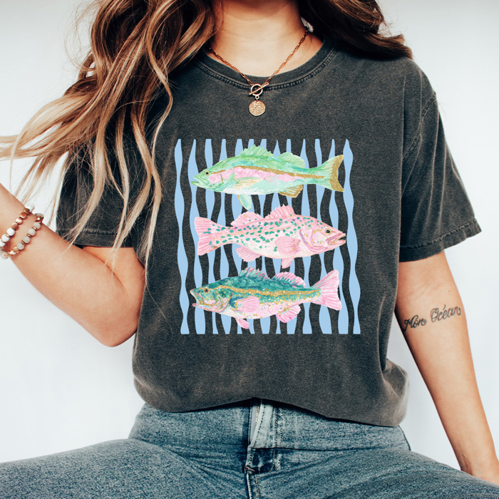 Cute Fish Trendy Stripes Graphic Colors Tee, Summer Fish Shirt, 3 Fish Comfort Colors Tee