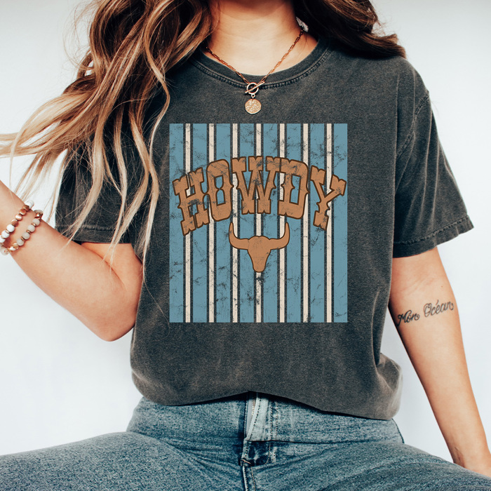 Howdy Western Graphic Tee, Striped Cowgirl Shirt, Country Bull, Rodeo Cowboy, Comfort Colors Tee