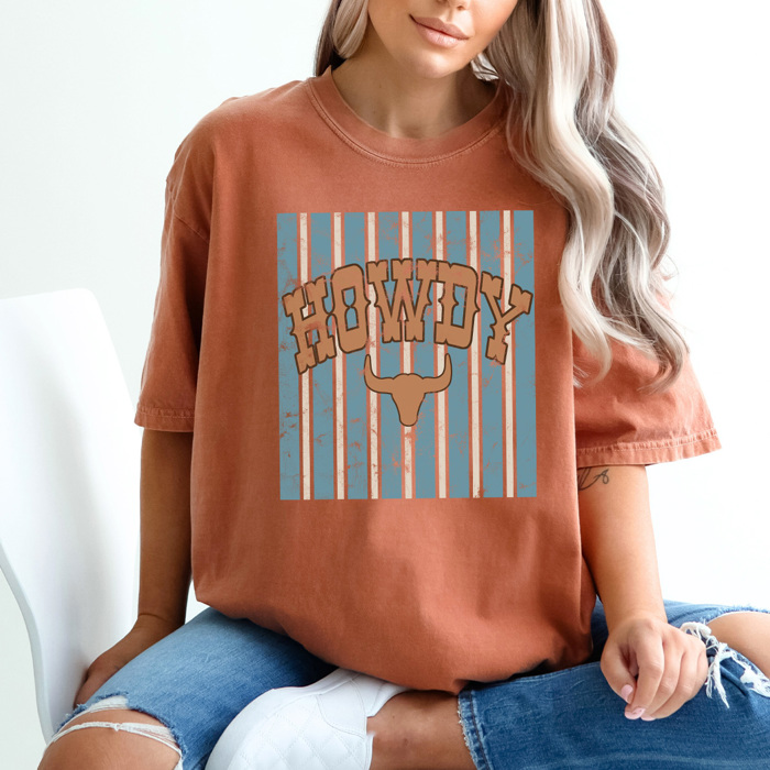 Howdy Western Graphic Tee, Striped Cowgirl Shirt, Country Bull, Rodeo Cowboy, Comfort Colors Tee
