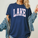 Large Navy Lake Striped Graphic Tee, Lake Boat Trip Shirt, Summer Lake Day Comfort Colors Tee 