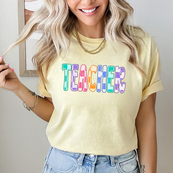 Teacher Checkered Colorful Graphic Tee, Back To School Rainbow Shirt, Teach Comfort Colors Tee