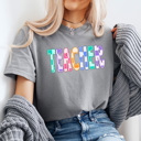 Large Gray Teacher Checkered Colorful Graphic Tee, Back To School Rainbow Shirt, Teach Comfort Colors Tee