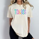 XXL Ivory Teacher Checkered Colorful Graphic Tee, Back To School Rainbow Shirt, Teach Comfort Colors Tee