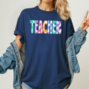Small Navy Teacher Checkered Colorful Graphic Tee, Back To School Rainbow Shirt, Teach Comfort Colors Tee