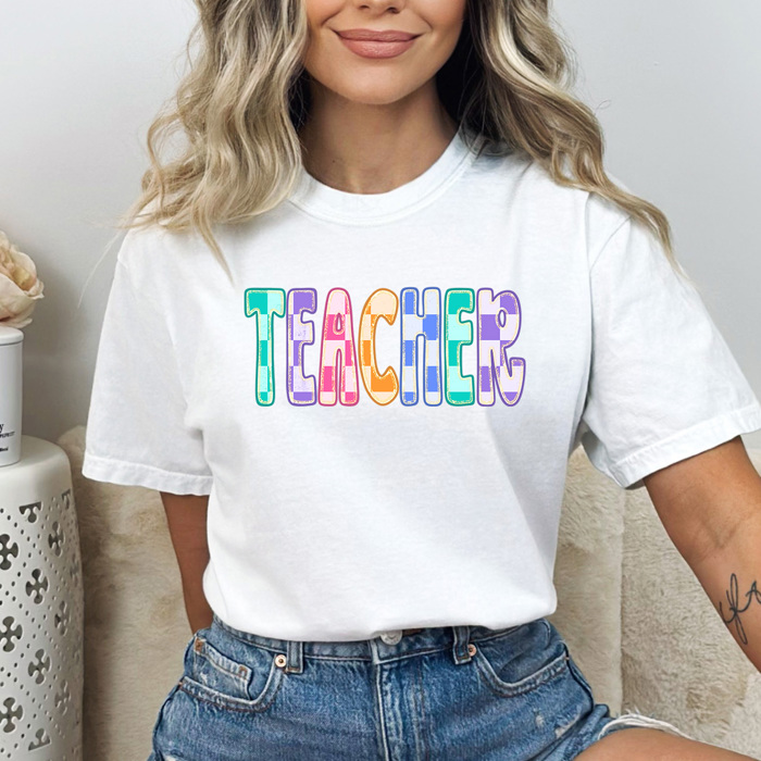 Teacher Checkered Colorful Graphic Tee, Back To School Rainbow Shirt, Teach Comfort Colors Tee