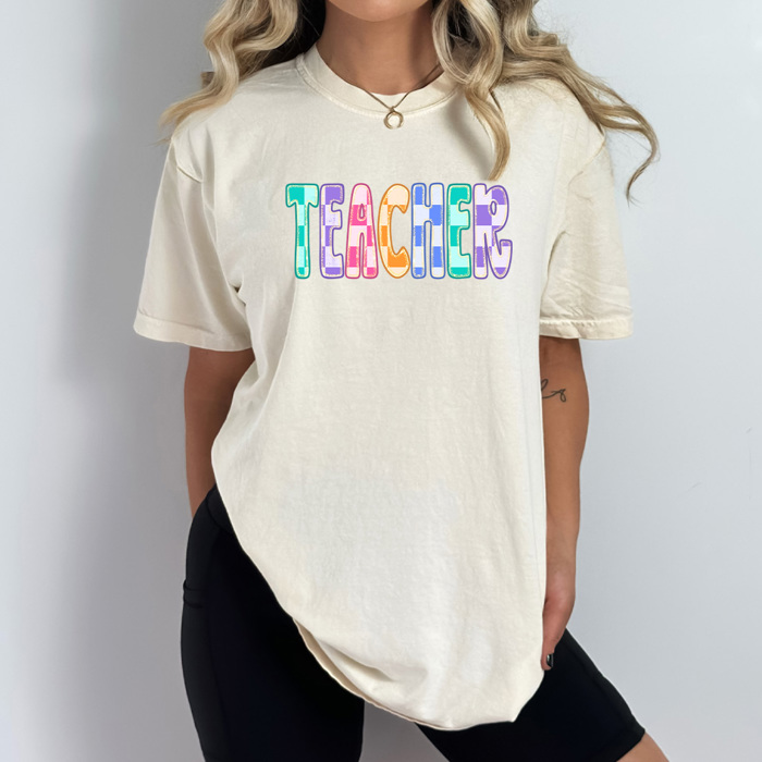 Teacher Checkered Colorful Graphic Tee, Back To School Rainbow Shirt, Teach Comfort Colors Tee
