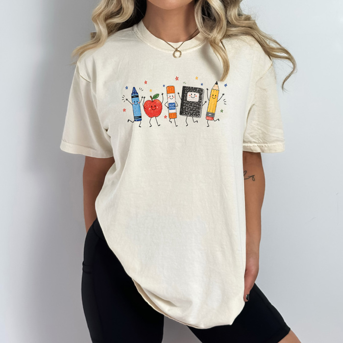 Happy School Supplies Graphic Tee, Back To School Shirt, Teacher Comfort Colors Tee
