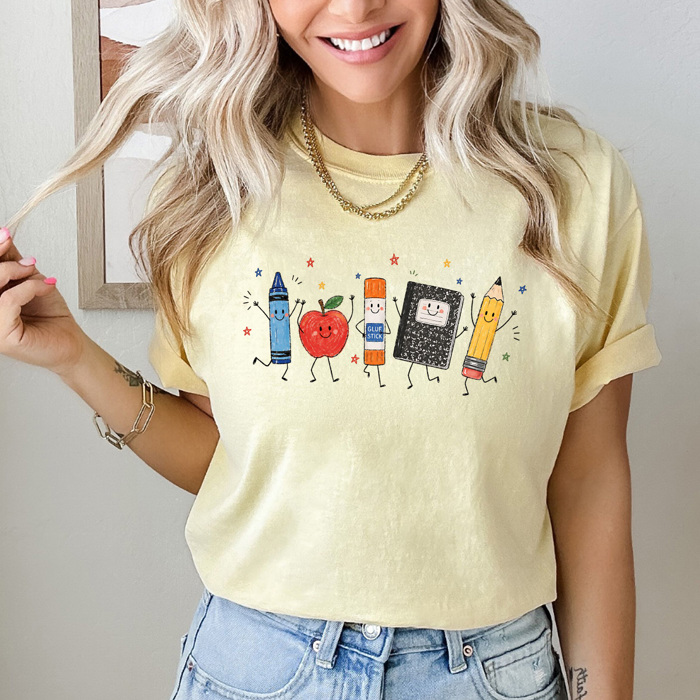 Happy School Supplies Graphic Tee, Back To School Shirt, Teacher Comfort Colors Tee
