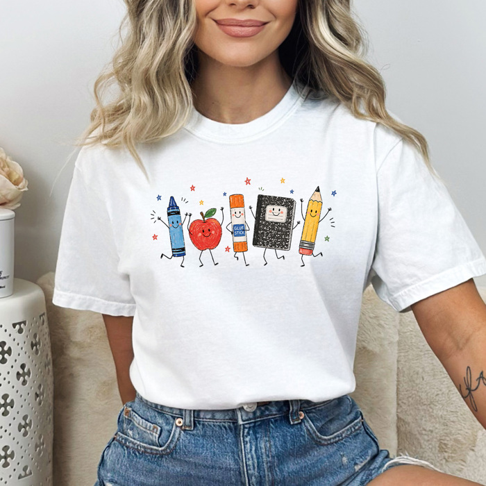 Happy School Supplies Graphic Tee, Back To School Shirt, Teacher Comfort Colors Tee