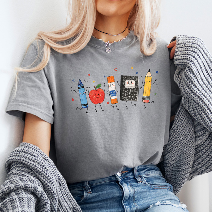 Happy School Supplies Graphic Tee, Back To School Shirt, Teacher Comfort Colors Tee