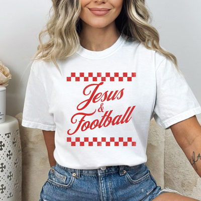 Jesus & Football Graphic Tee, Checkered Sports Shirt, Football Religious Comfort Colors Tee