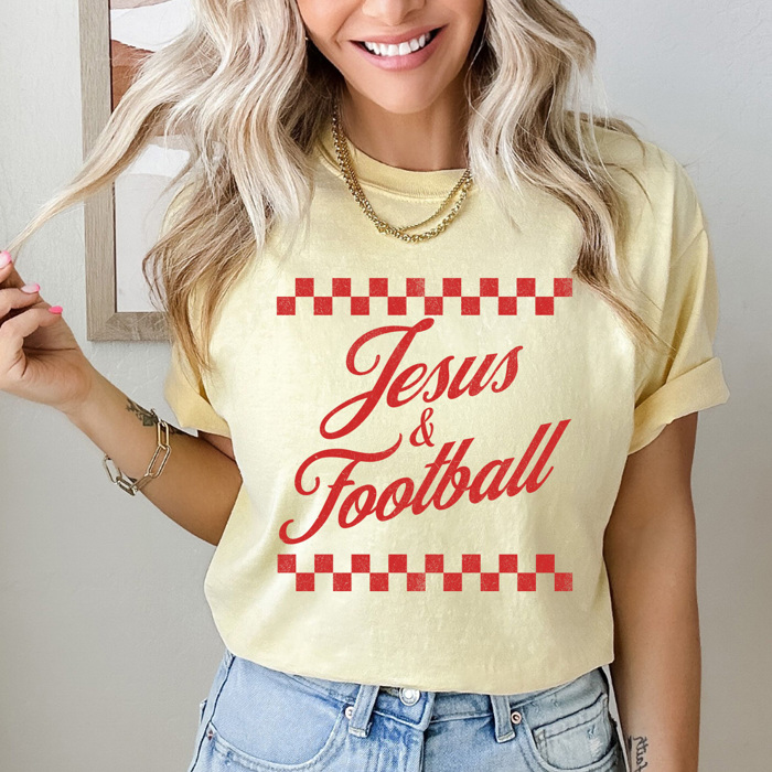 Jesus & Football Graphic Tee, Checkered Sports Shirt, Football Religious Comfort Colors Tee