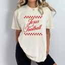 XXL Ivory Jesus & Football Graphic Tee, Checkered Sports Shirt, Football Religious Comfort Colors Tee
