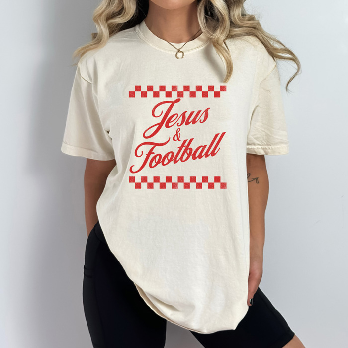 Jesus & Football Graphic Tee, Checkered Sports Shirt, Football Religious Comfort Colors Tee