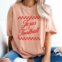 Large Peachy Jesus & Football Graphic Tee, Checkered Sports Shirt, Football Religious Comfort Colors Tee