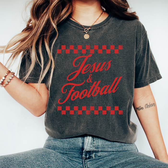 Jesus & Football Graphic Tee, Checkered Sports Shirt, Football Religious Comfort Colors Tee