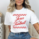 Small White Jesus & Football Graphic Tee, Checkered Sports Shirt, Football Religious Comfort Colors Tee