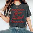  Jesus & Football Graphic Tee, Checkered Sports Shirt, Football Religious Comfort Colors Tee