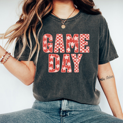 Game Day Graphic Tee, Checkered And Stars Shirt, Sports Comfort Colors Tee