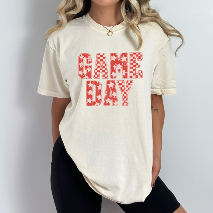 Game Day Graphic Tee, Checkered And Stars Shirt, Sports Comfort Colors Tee