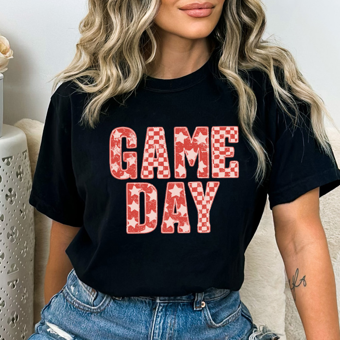 Game Day Graphic Tee, Checkered And Stars Shirt, Sports Comfort Colors Tee