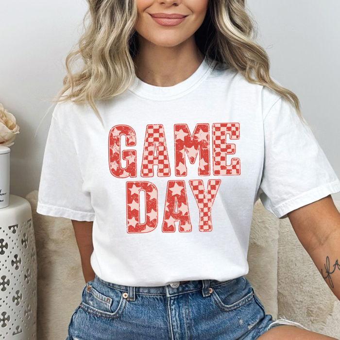 Game Day Graphic Tee, Checkered And Stars Shirt, Sports Comfort Colors Tee